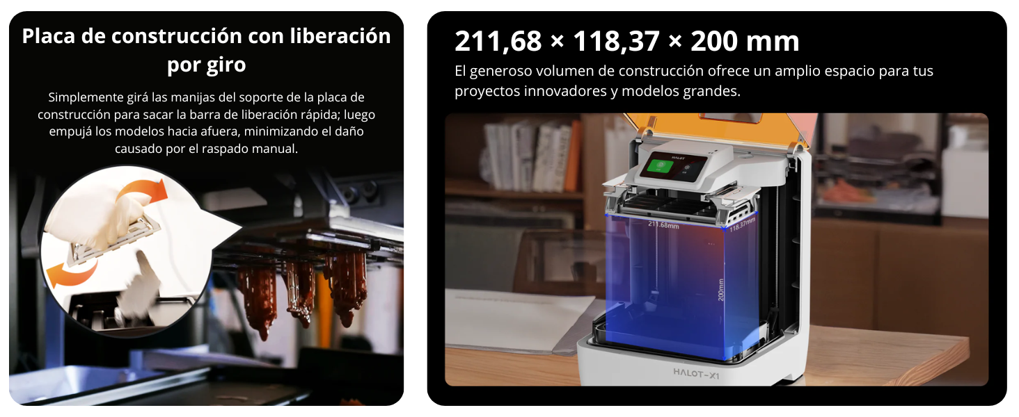 La productividad alcanza nuevos niveles con la HALOT X1 COMBO, gracias a su velocidad de impresión de hasta 170 mm/h. Esta rapidez no sacrifica la calidad, apoyada por un innovador sistema de exposición inteligente con 92 zonas de luz que optimiza la iluminación, mejora el detalle y prolonga la vida útil de la pantalla LCD monocromática. Características como la nivelación automática simplifican enormemente la preparación, minimizando errores y garantizando impresiones perfectas desde el primer momento, para que puedas enfocarte en crear sin interrupciones.